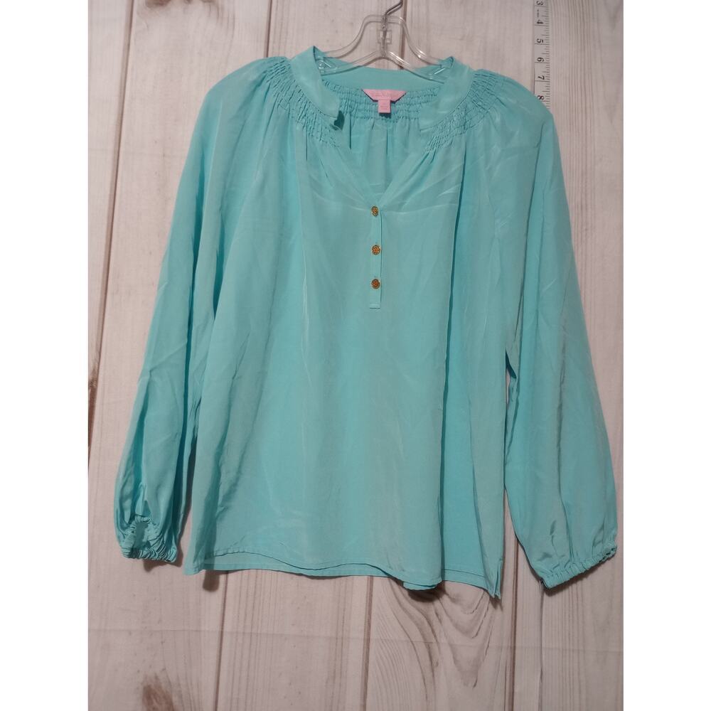 Lilly Pulitzer Skyler Silk Smocked Blouse Aqua Blue Gold Button Top Womens XS